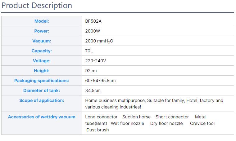 70L 2000W Commerical Wet and Dry Handheld Car Vacuum Cleaner with Slient a Grade Motor